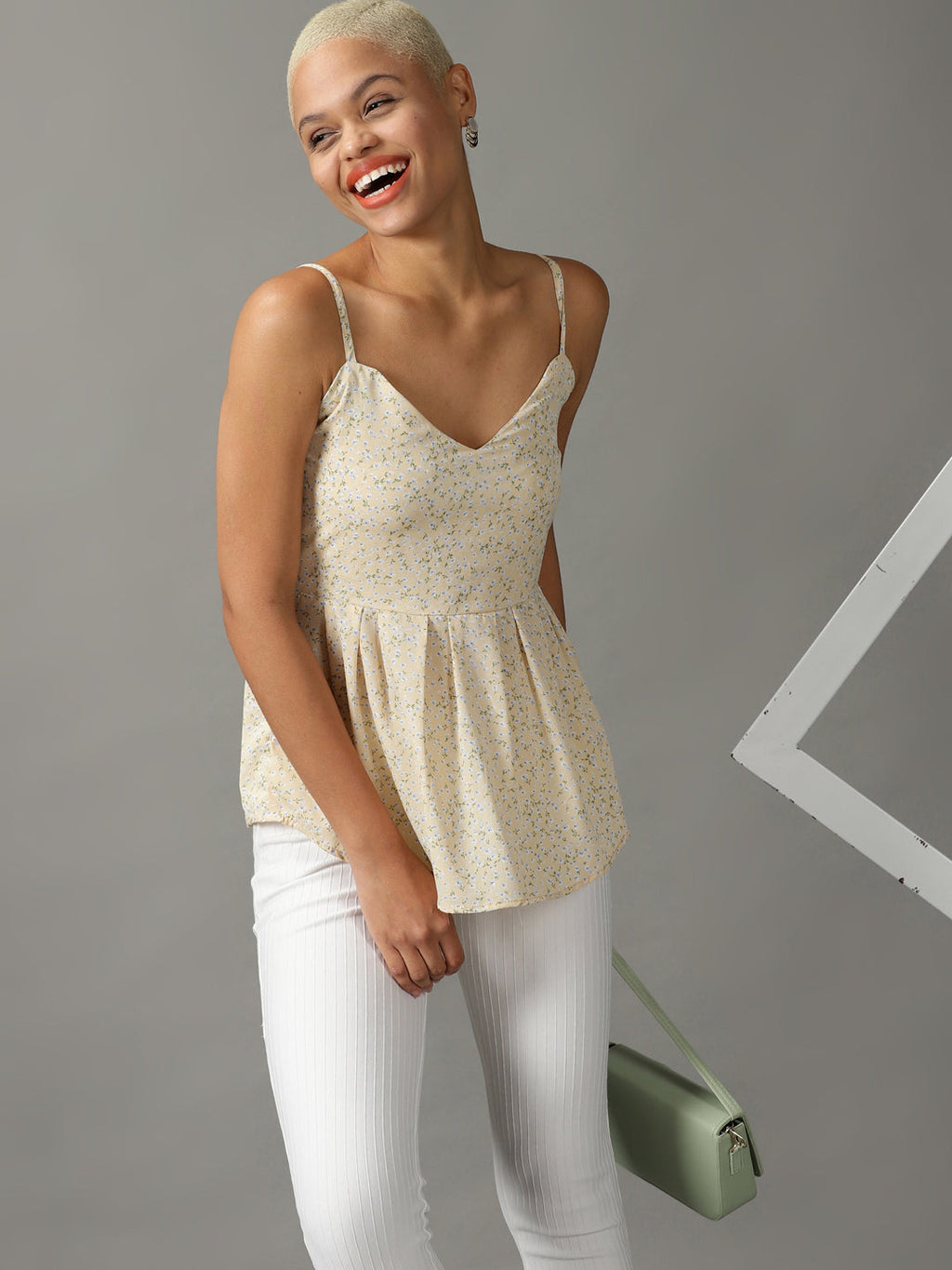 Women's Yellow Floral Printed Georgette Peplum Top