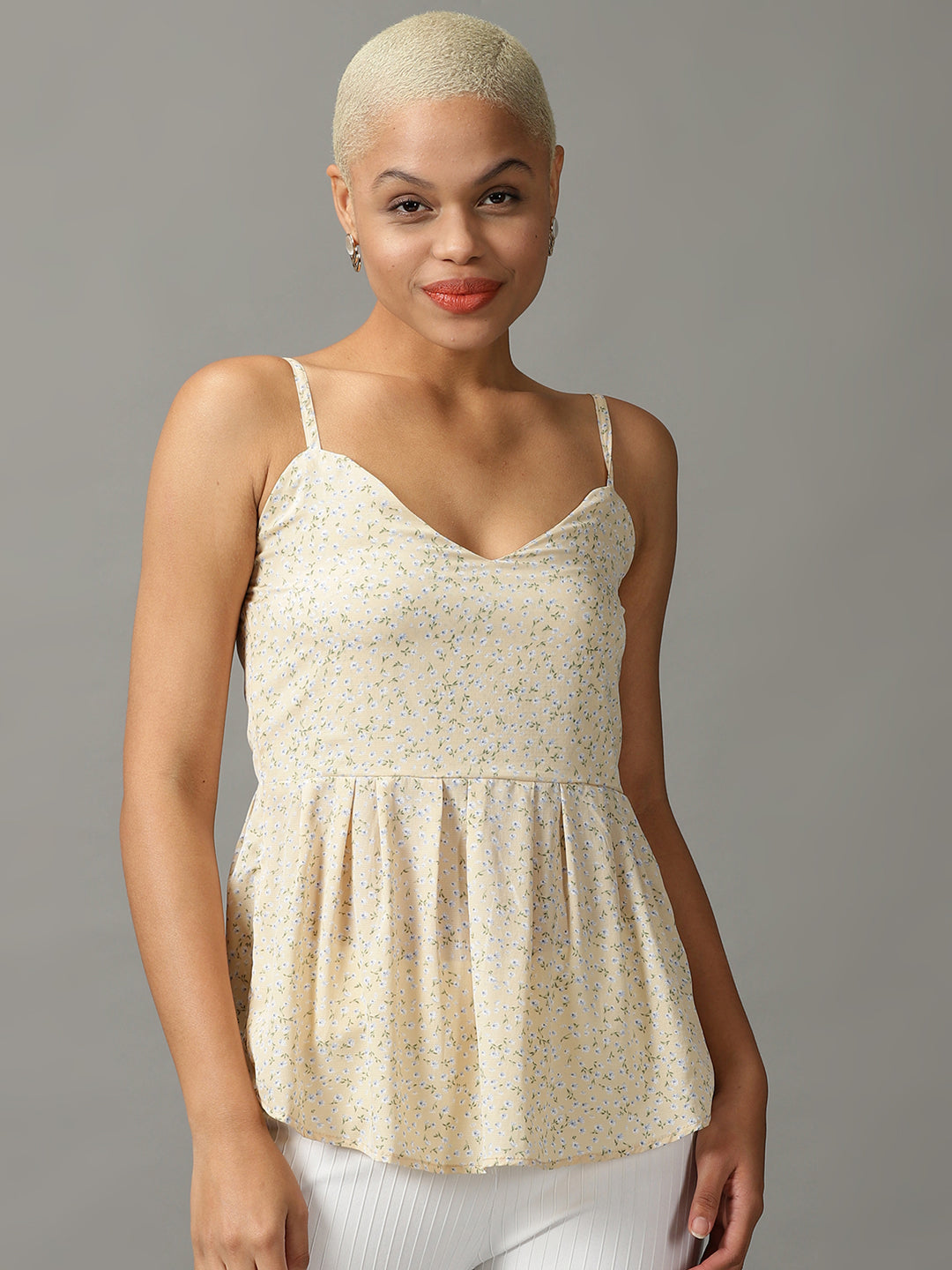 Women's Yellow Floral Printed Georgette Peplum Top