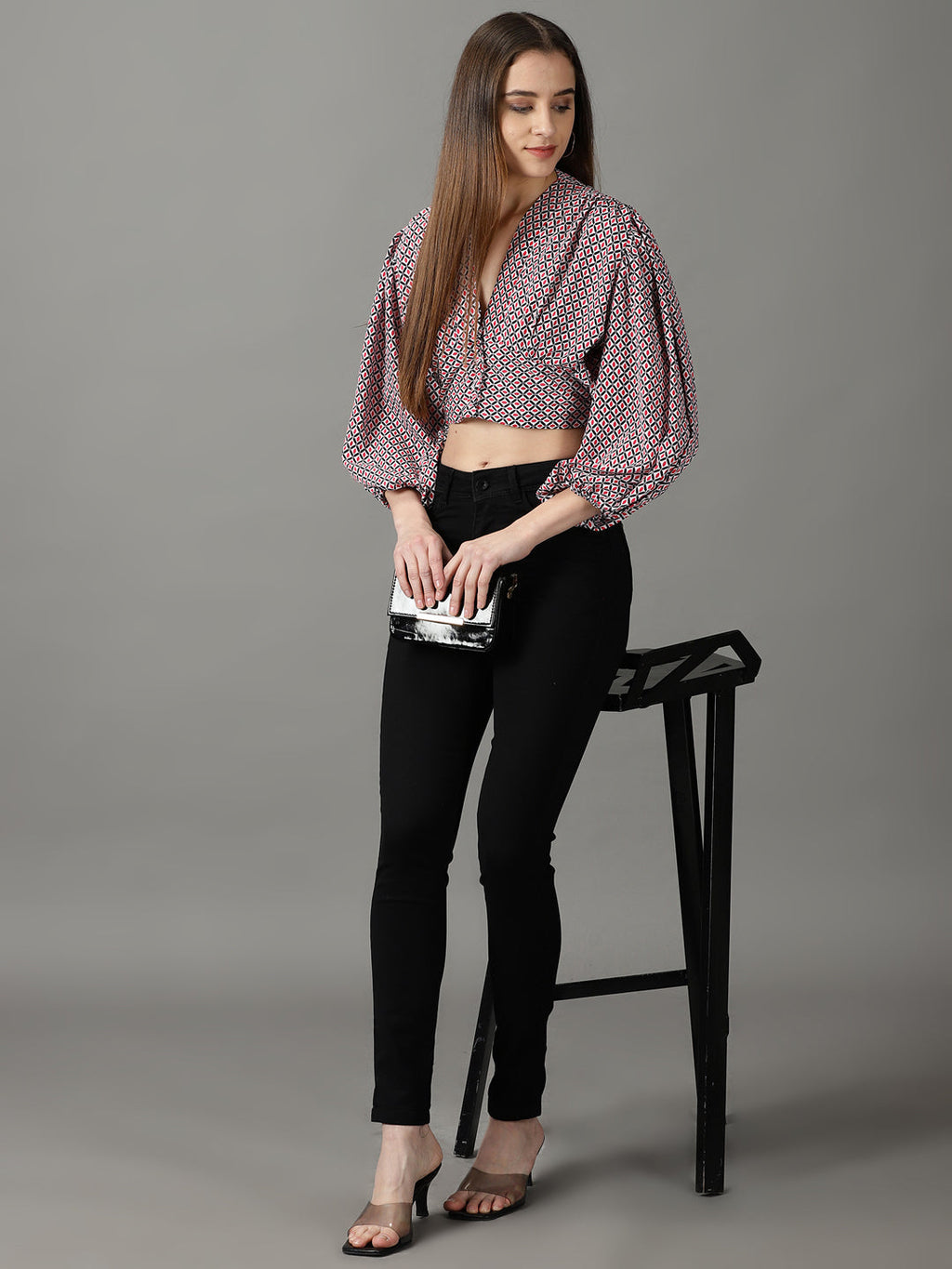 Women's Black Geometric Print Blouson Crop Top
