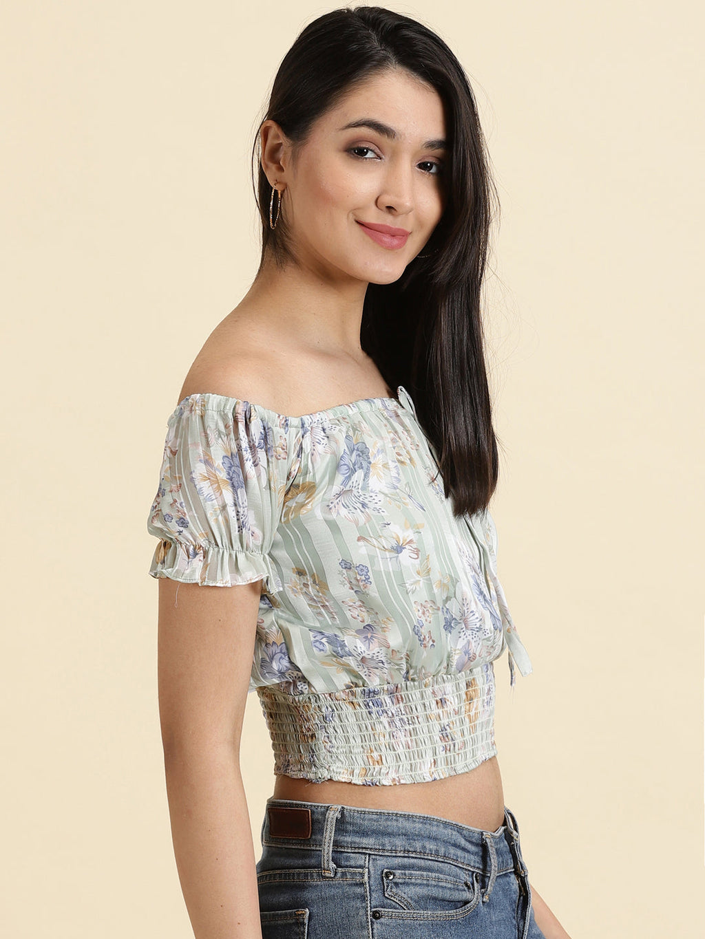 Women's Sea Green Floral Printed Off-Shoulder Cinched Waist Crop Top