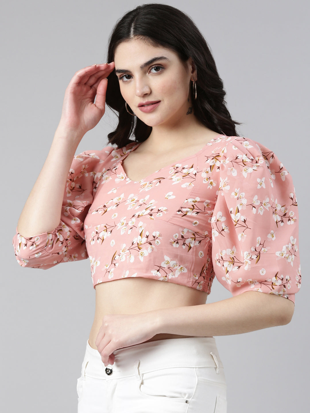 Women's Peach Floral Printed Puff Sleeve Smocking Chiffon Crop Top