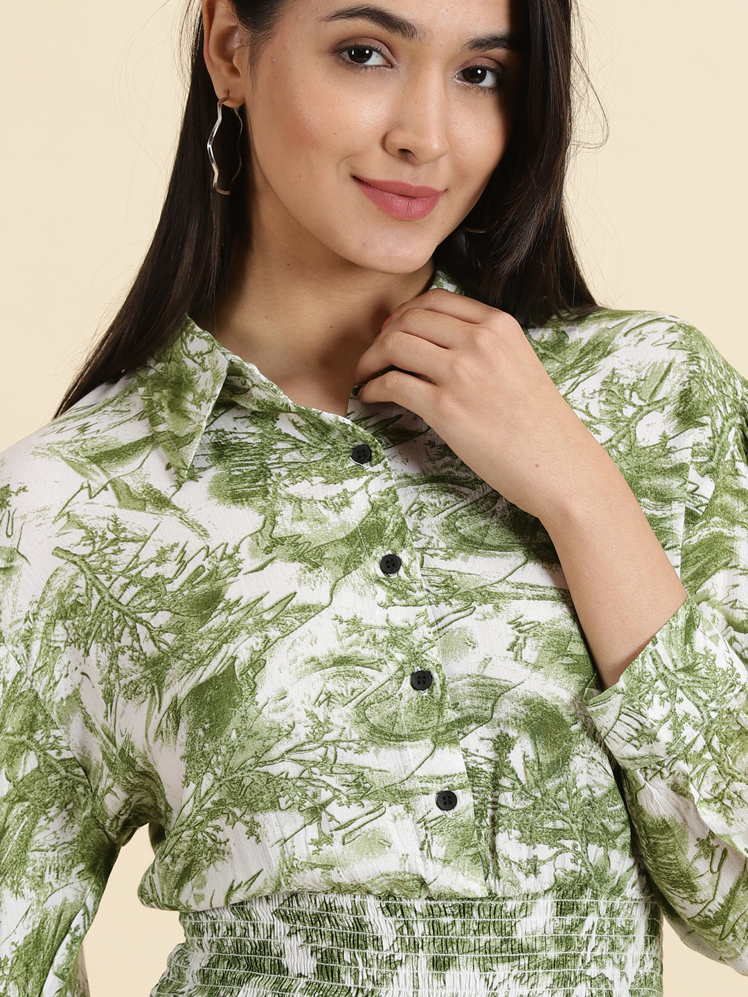 Women's Green Abstract Printed Smocked Shirt Style Top
