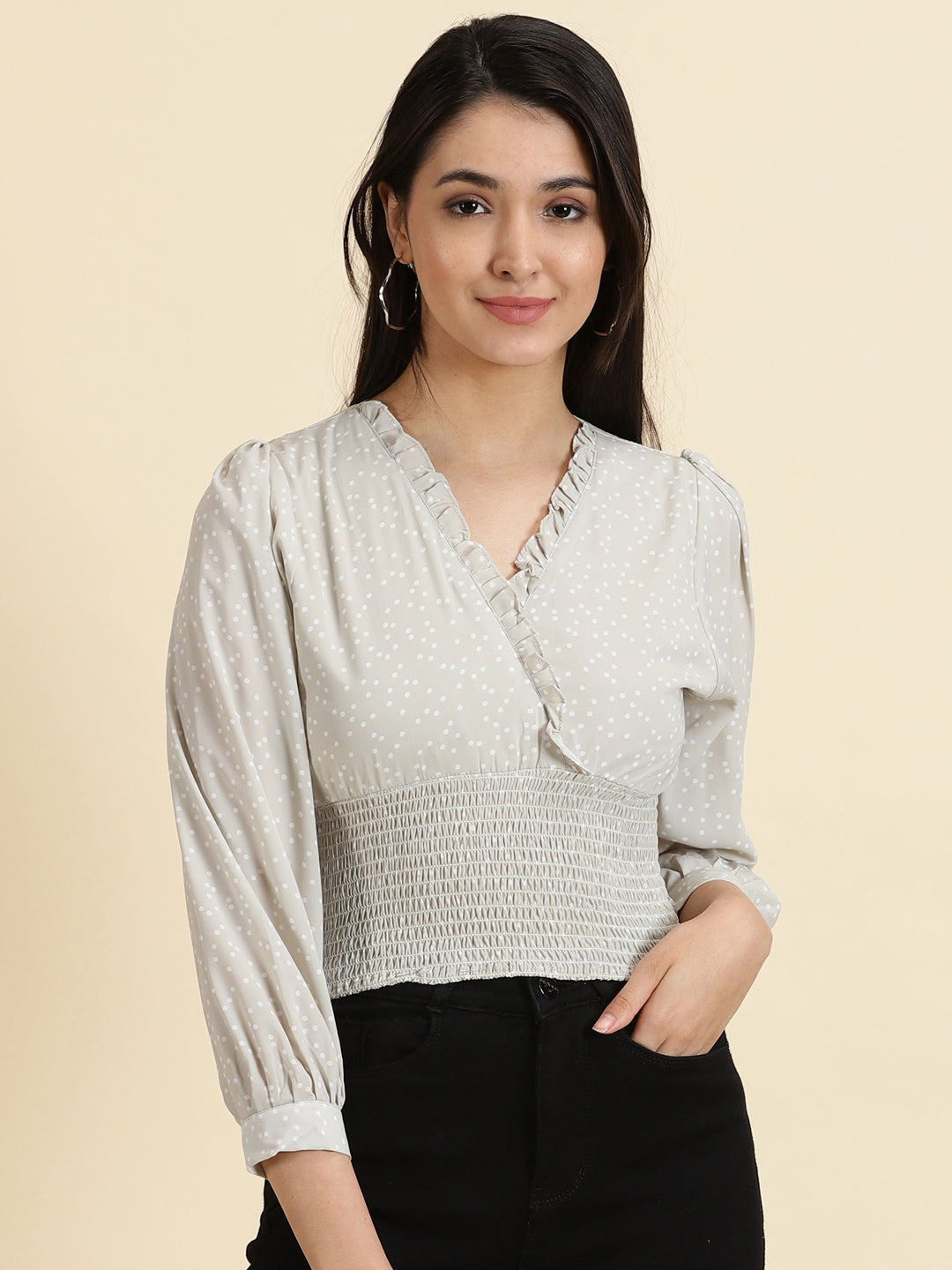 Women's Sea Green Polka Dots Printed Crepe Crop Cinched Waist Top