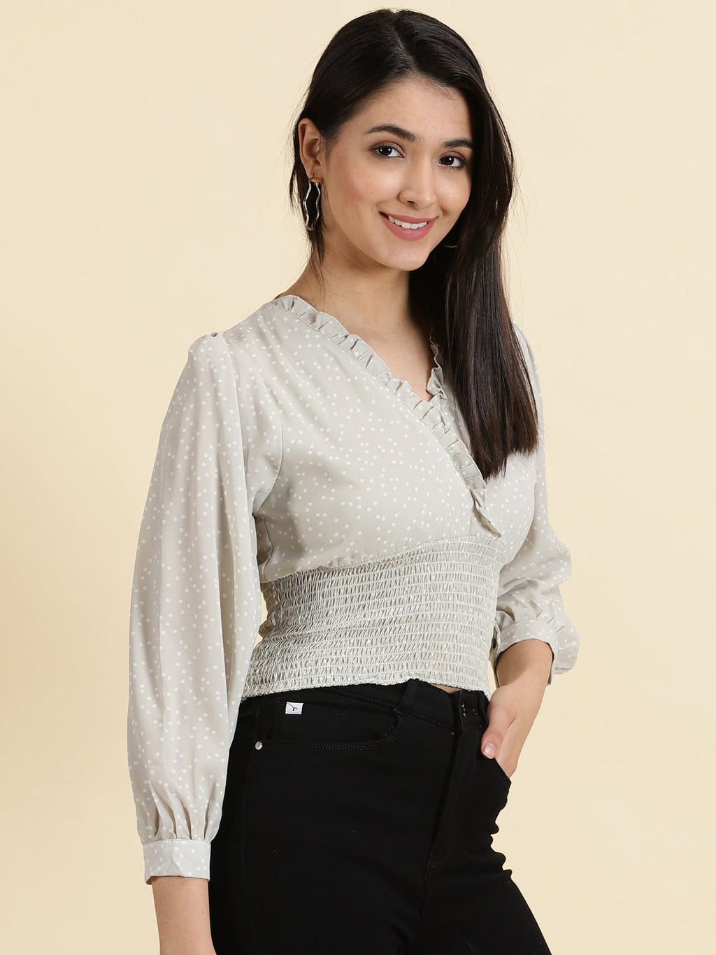 Women's Sea Green Polka Dots Printed Crepe Crop Cinched Waist Top