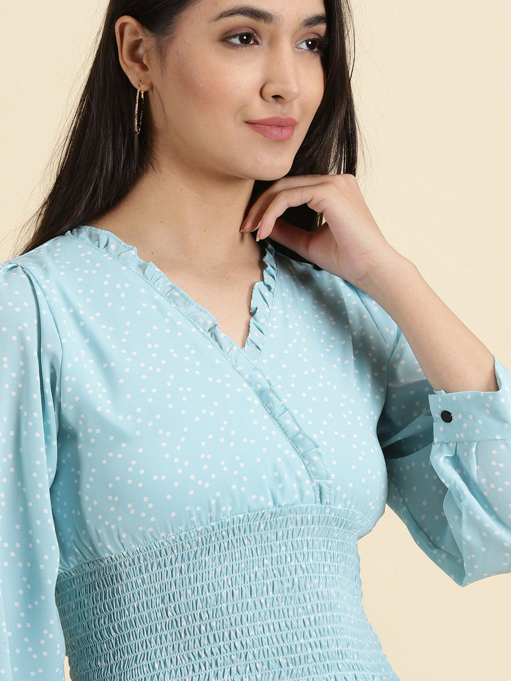 Women's Turquoise Blue Polka Dots Printed Puff Sleeve Smocked Crepe Wrap Crop Top