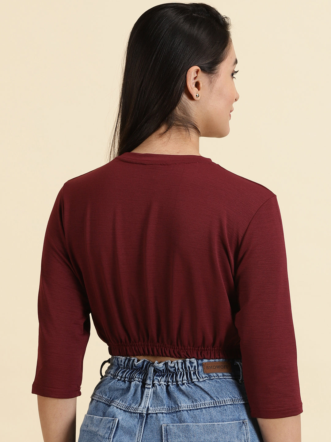 Women's Red Print Crop Cinched Waist Top