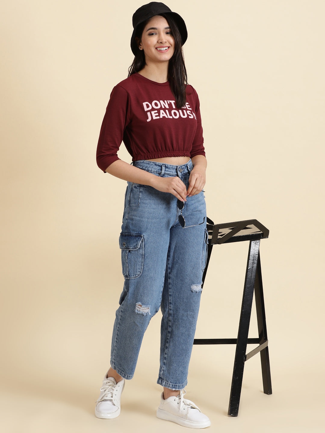 Women's Red Print Crop Cinched Waist Top