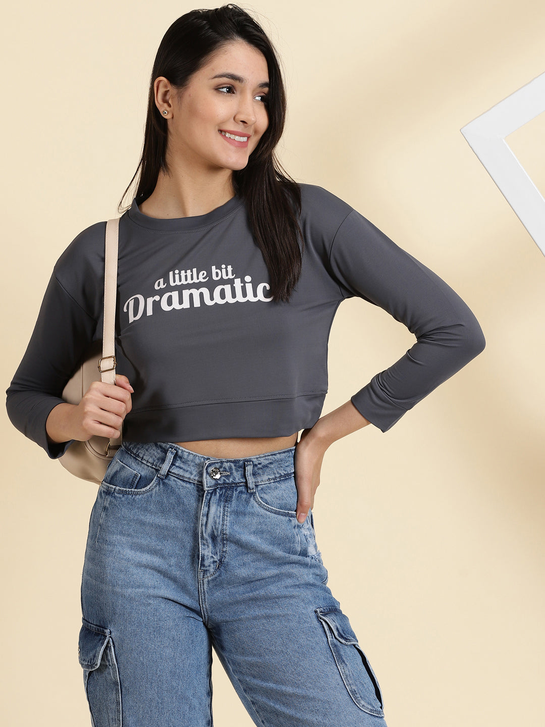 Women's Grey Typography Printed Crop Top
