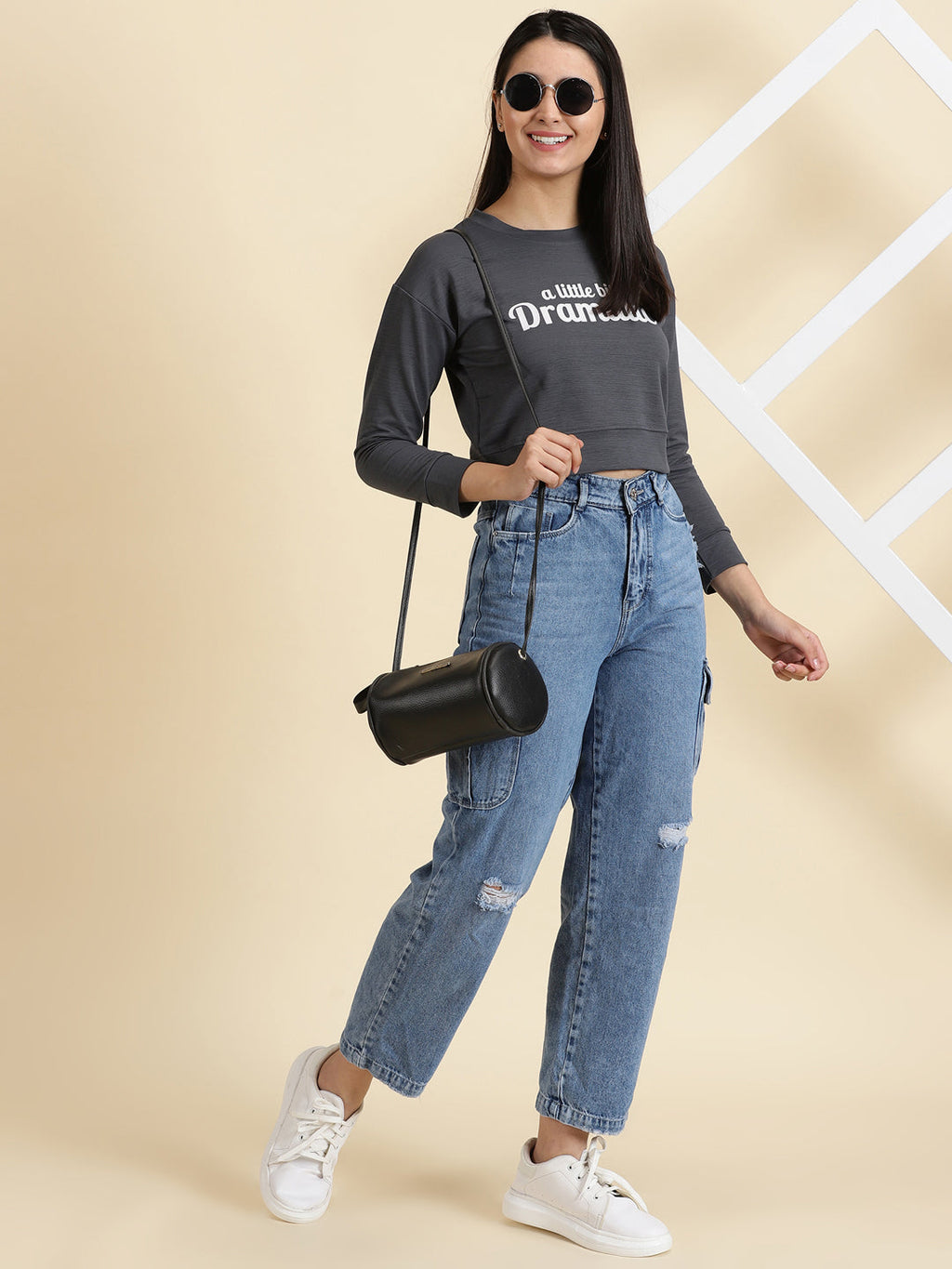 Women's Grey Printed Round Neck Long Sleeves Crop Pullover