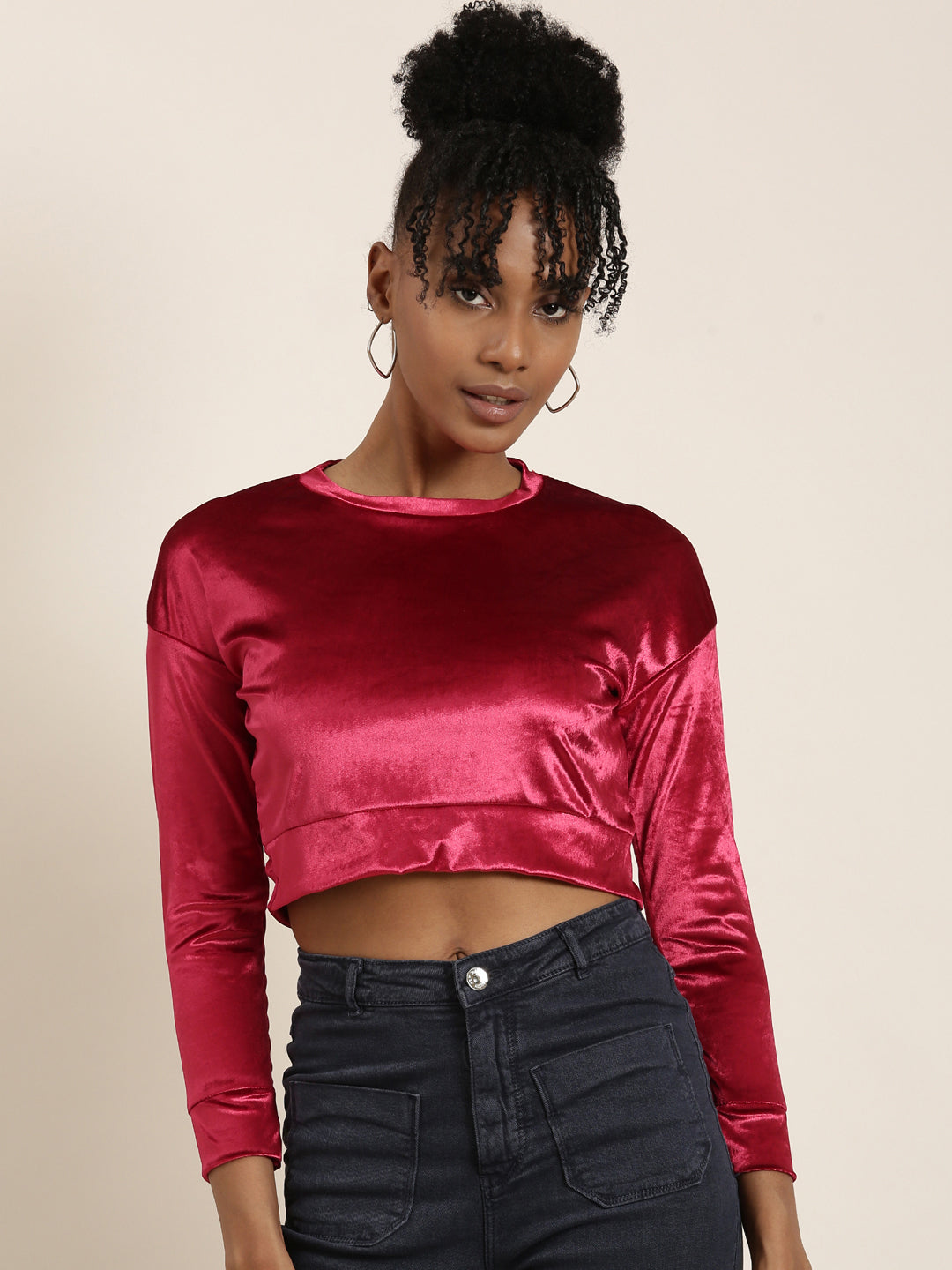 Women's Red Round Neck Regular Sleeves Solid Blouson Crop Top