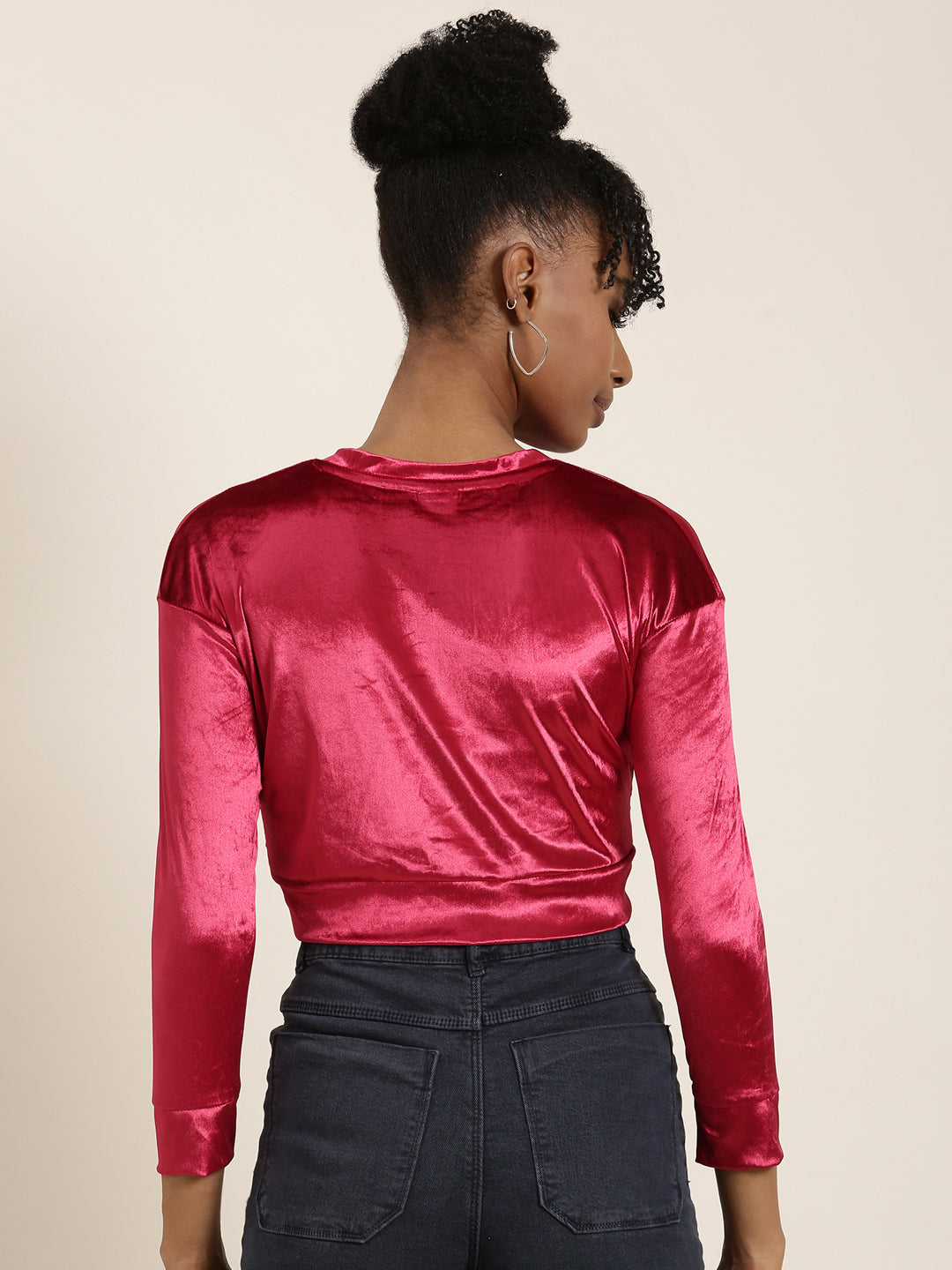 Women's Red Round Neck Regular Sleeves Solid Blouson Crop Top
