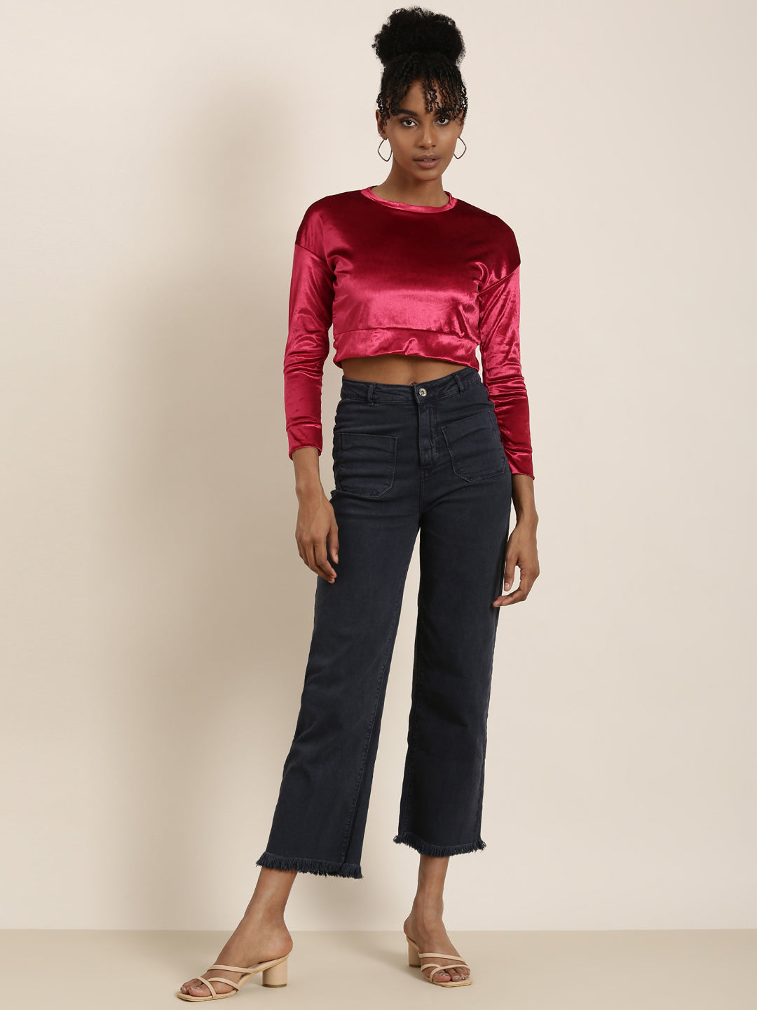 Women's Red Round Neck Regular Sleeves Solid Blouson Crop Top