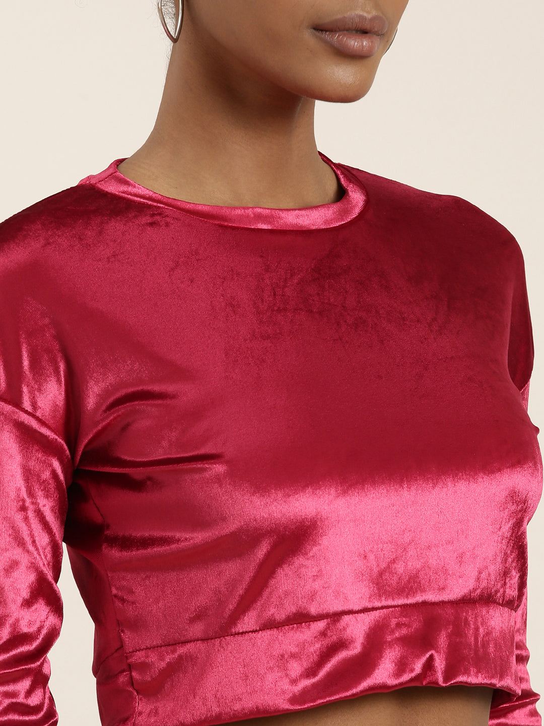 Women's Red Round Neck Regular Sleeves Solid Blouson Crop Top