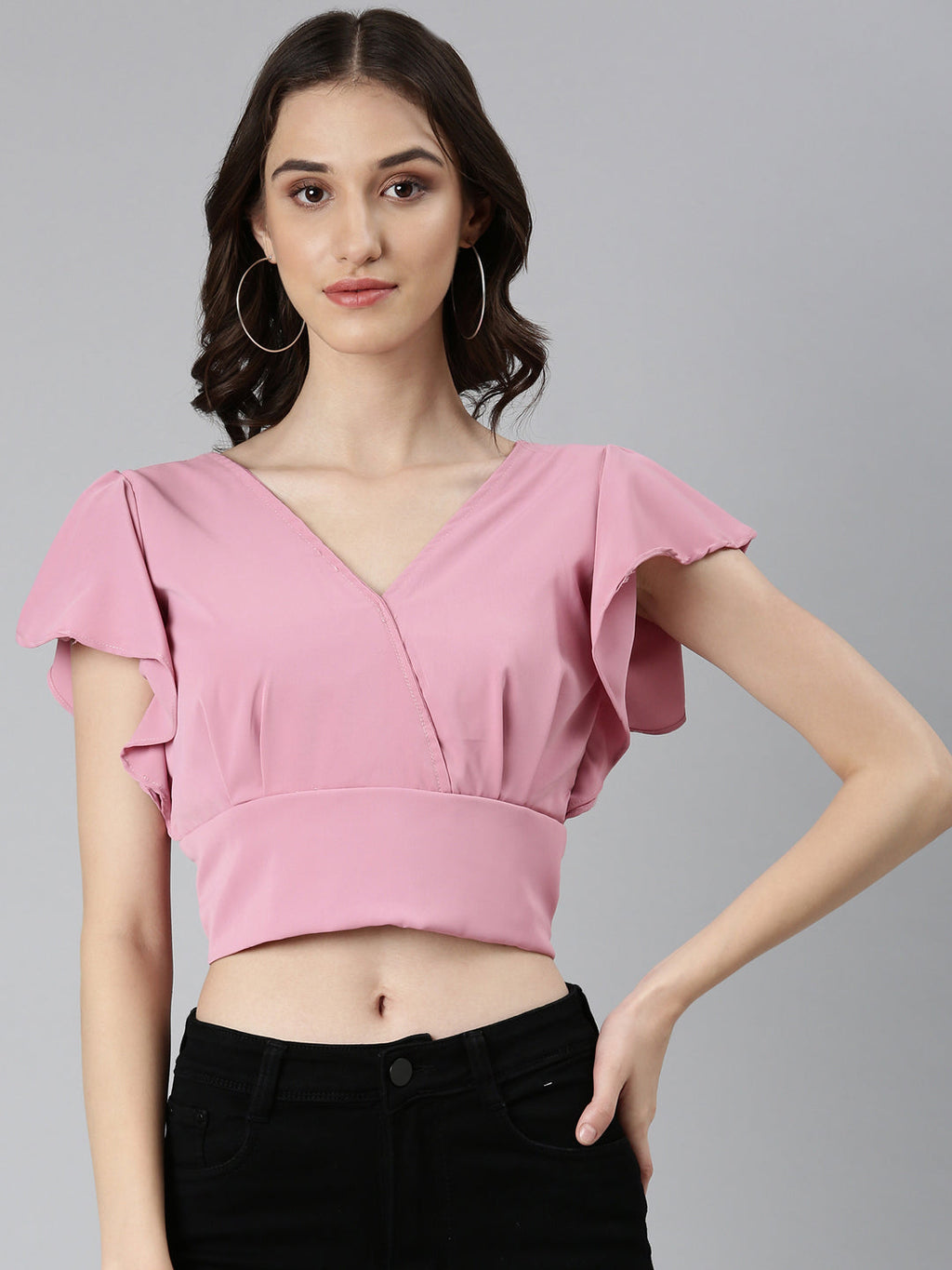 Women's Pink Flutter Sleeve Crepe Styled Back Crop Top