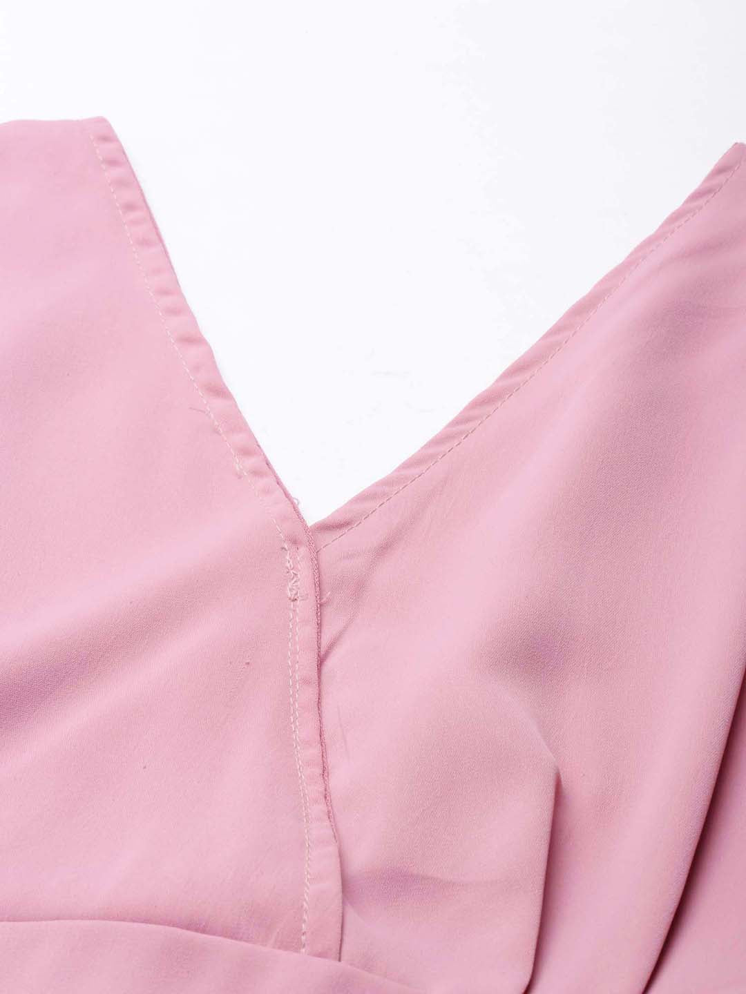 Women's Pink Flutter Sleeve Crepe Styled Back Crop Top