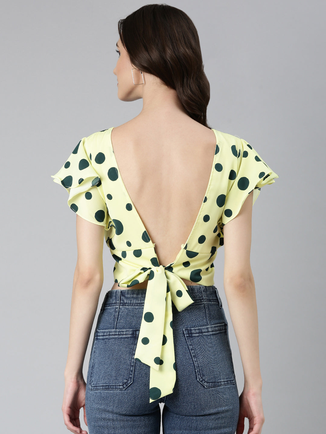 Women's Lime Green Polka Dots Printed Styled Back Crop Top