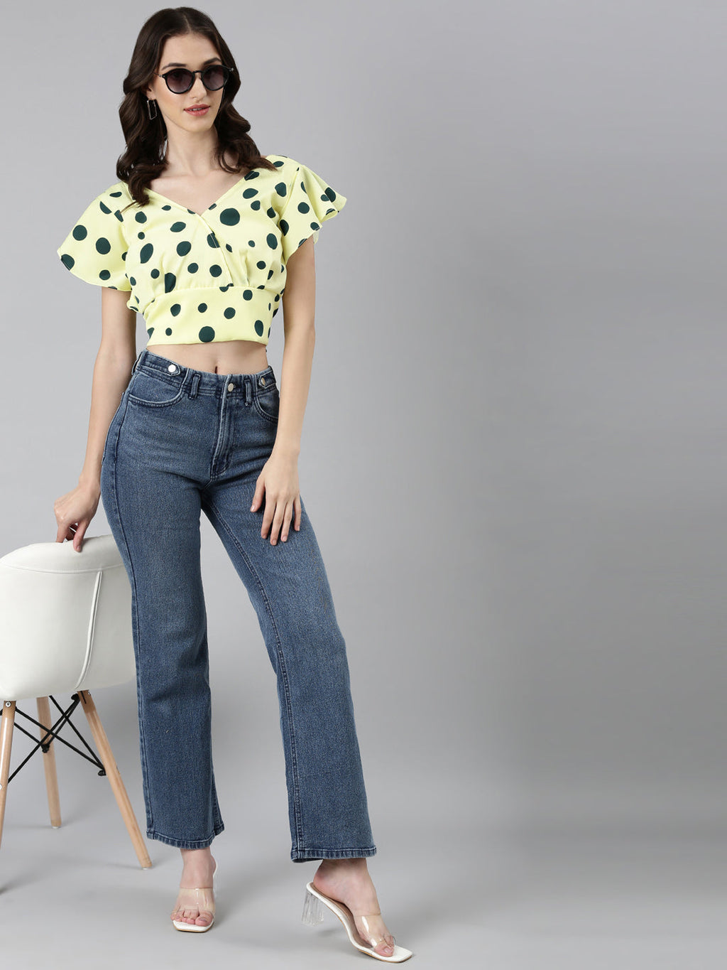 Women's Lime Green Polka Dots Printed Styled Back Crop Top