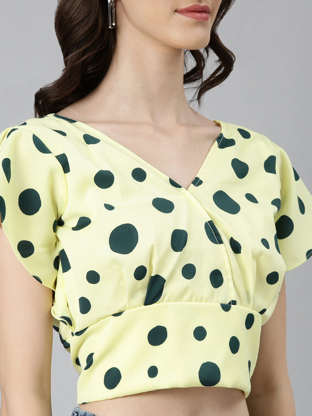 Women's Lime Green Polka Dots Printed Styled Back Crop Top