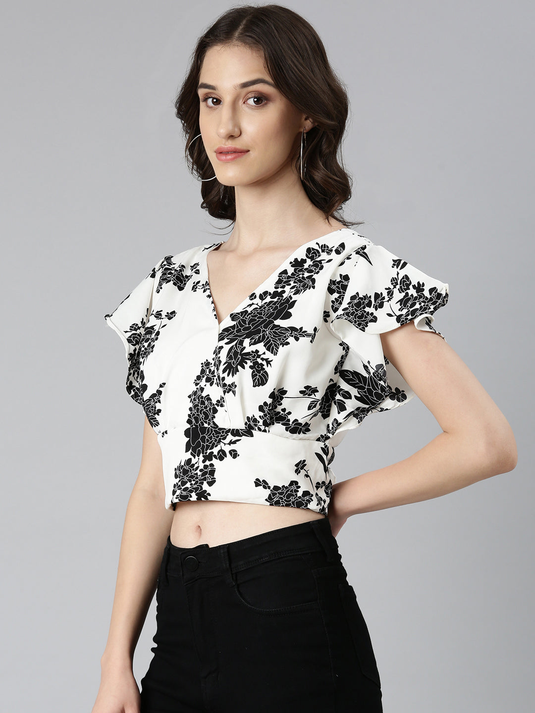Women's White Floral Printed Styled Back Crop Top