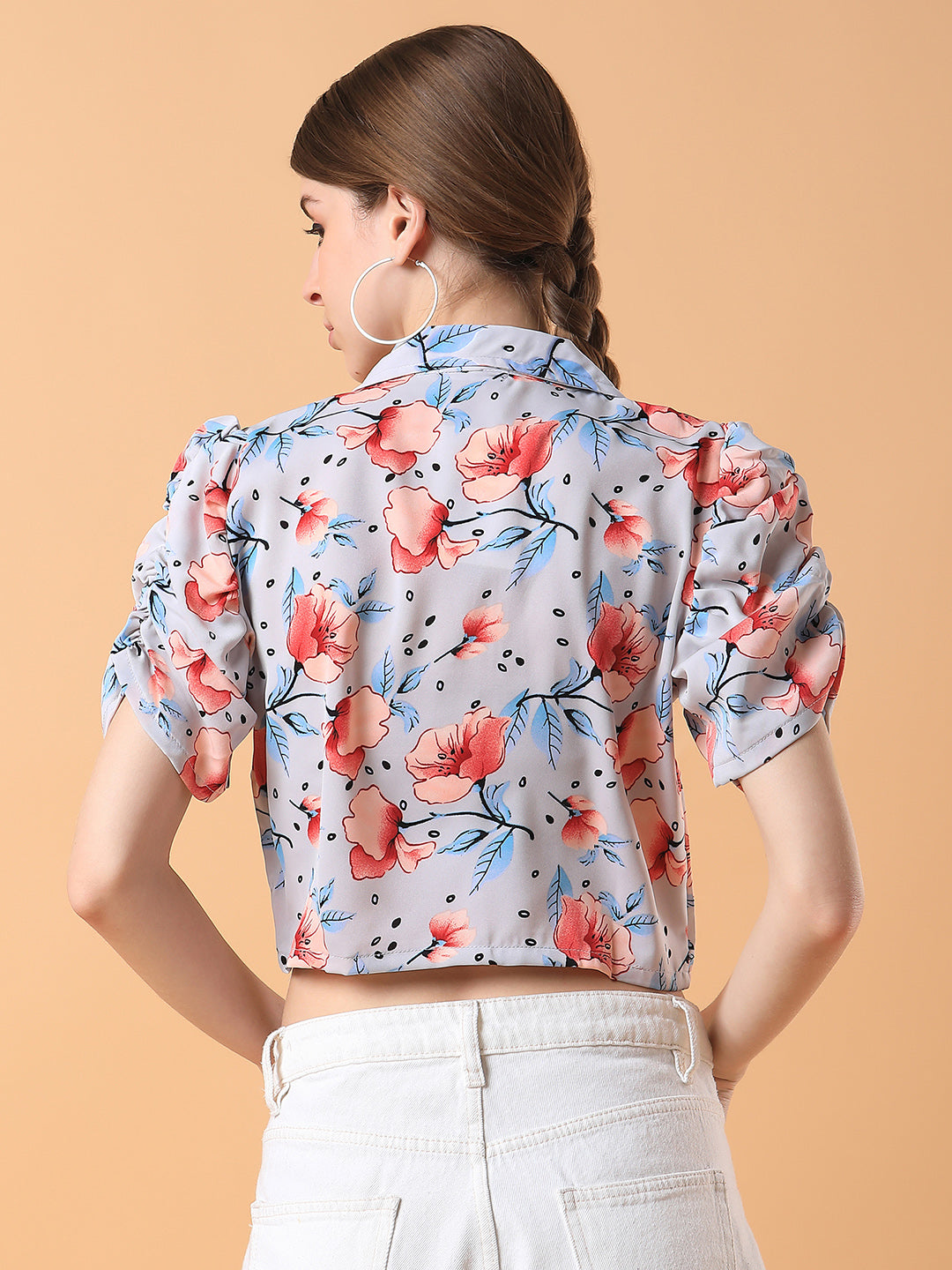 Women's Grey Lapel Collar Cotton Top