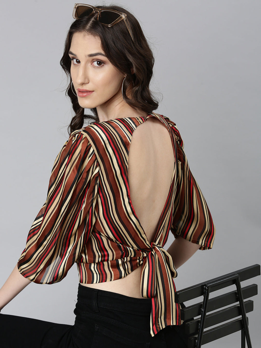 Women's Brown Striped Puff Sleeve Styled Back Crop Top