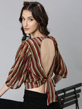 Women's Brown Striped Puff Sleeve Styled Back Crop Top