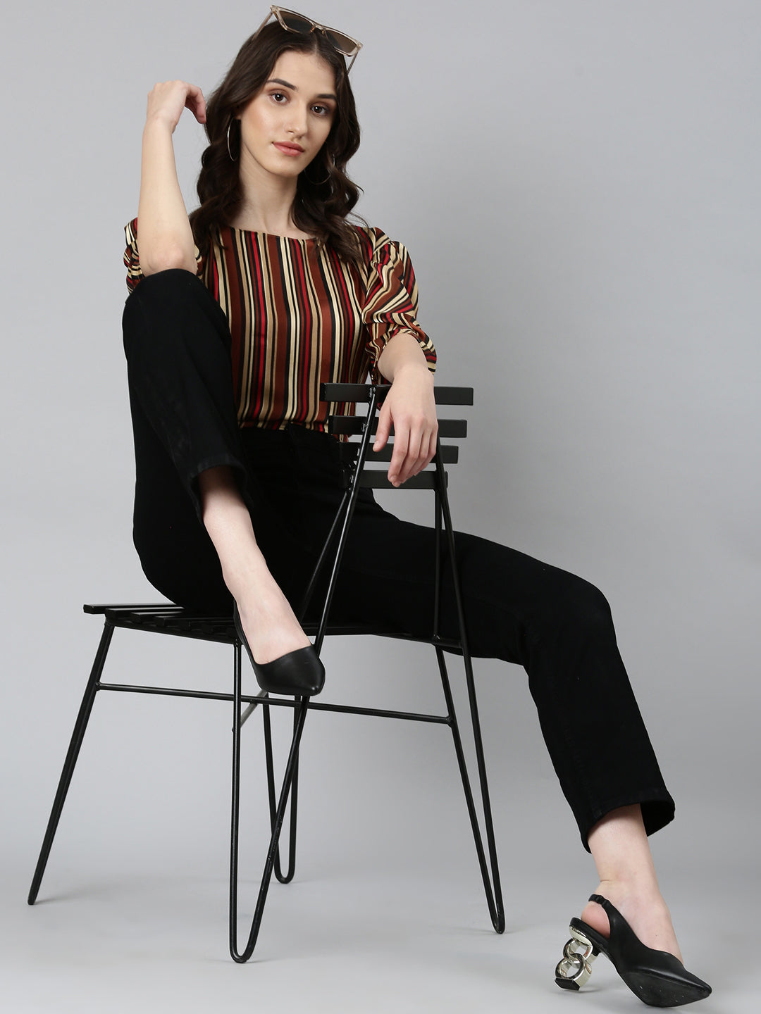 Women's Brown Striped Puff Sleeve Styled Back Crop Top