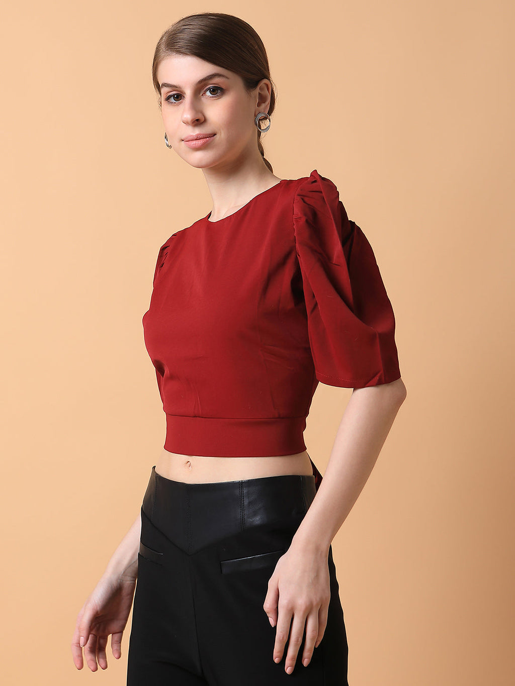 Women's Maroon Solid Round Neck Synthetic Crepe Top