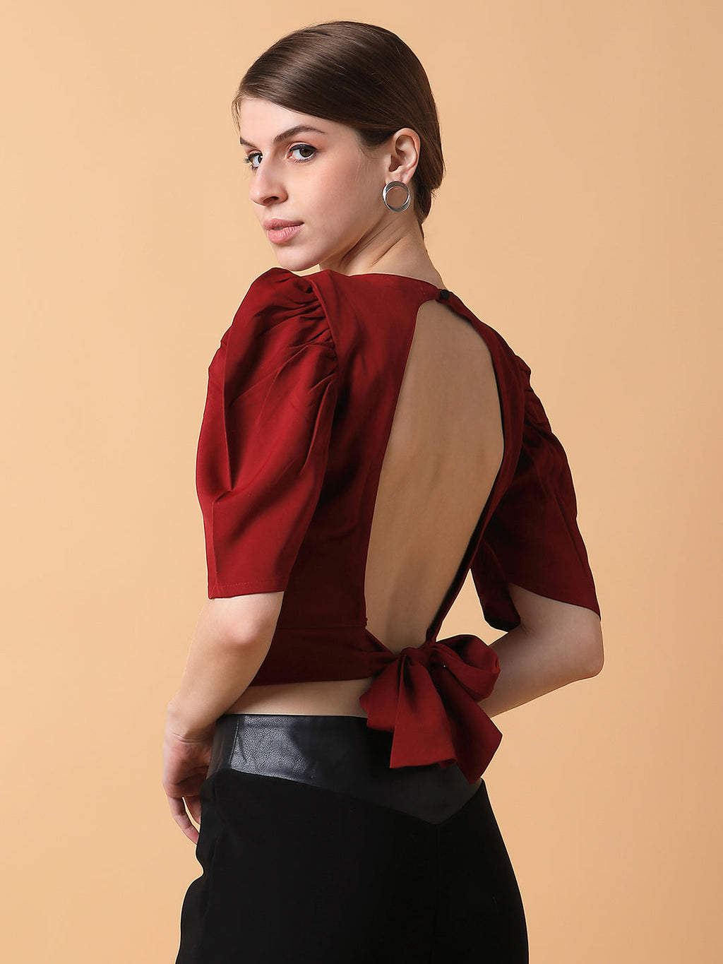 Women's Maroon Solid Round Neck Synthetic Crepe Top