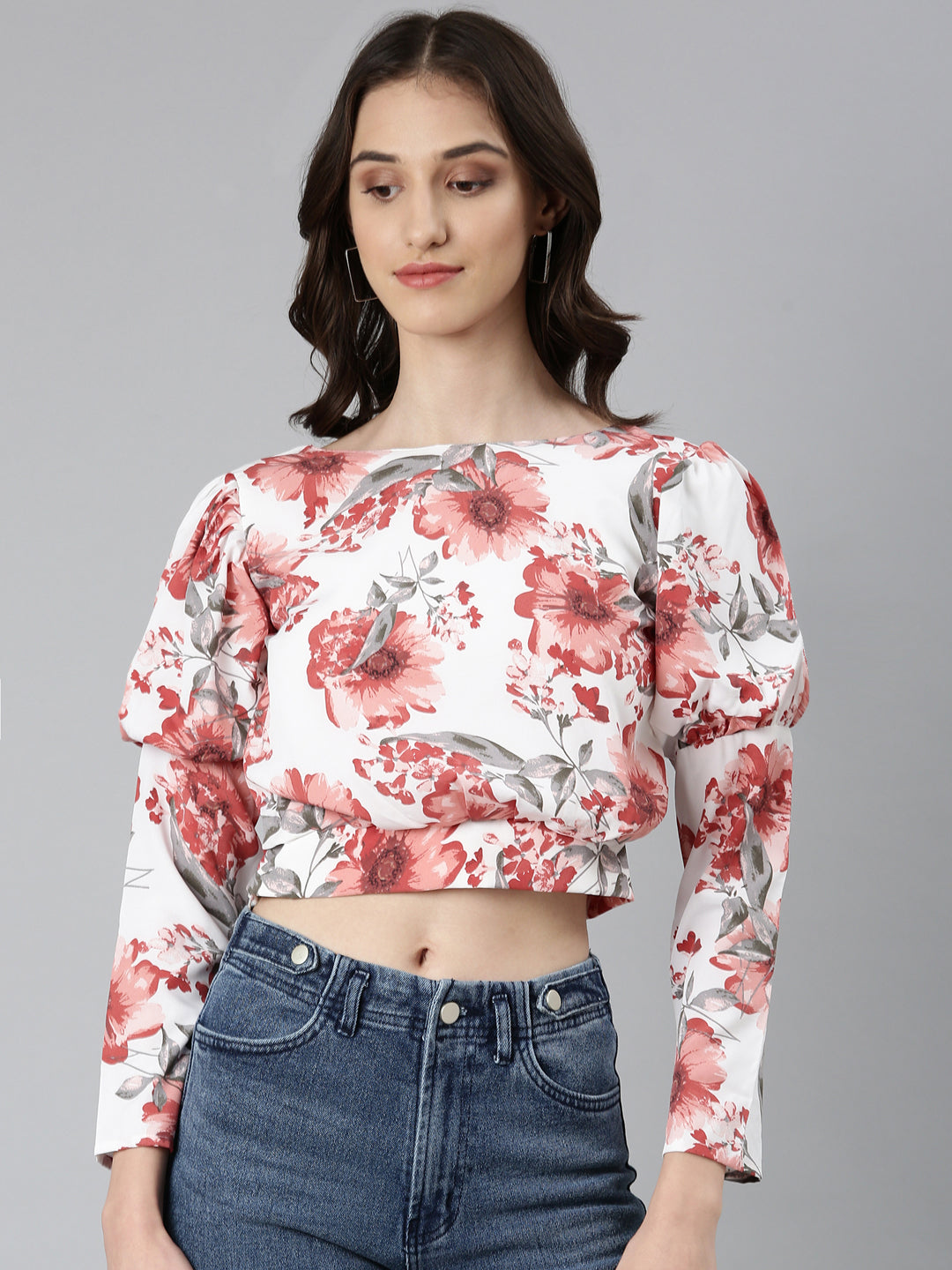 Women's White Floral Printed Blouson Crop Top