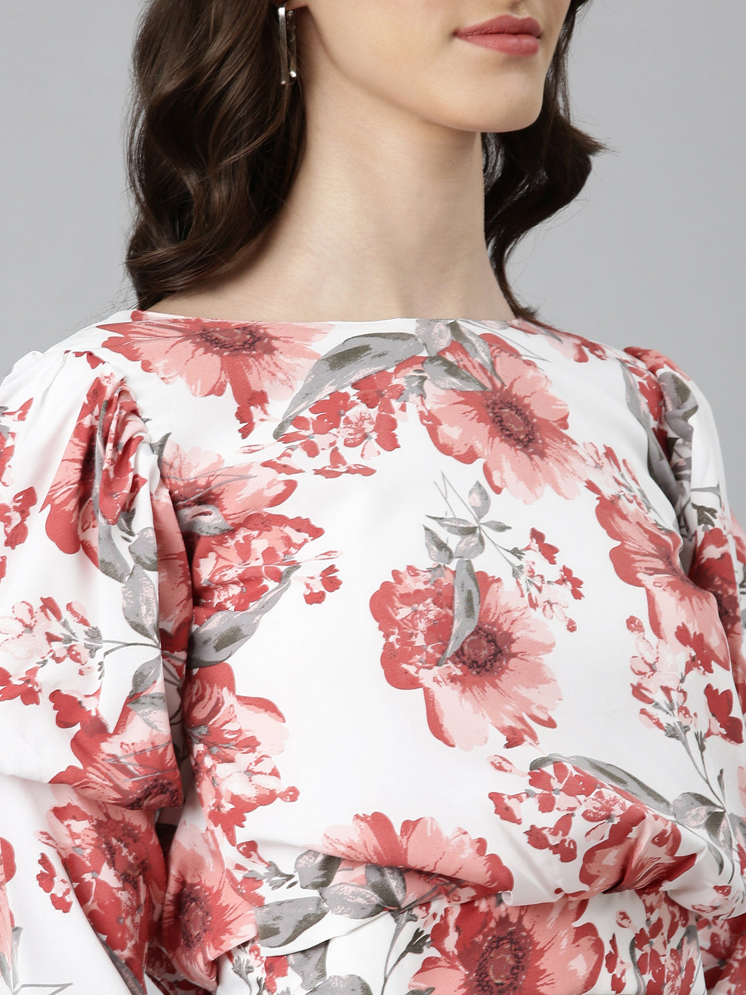 Women's White Floral Printed Blouson Crop Top