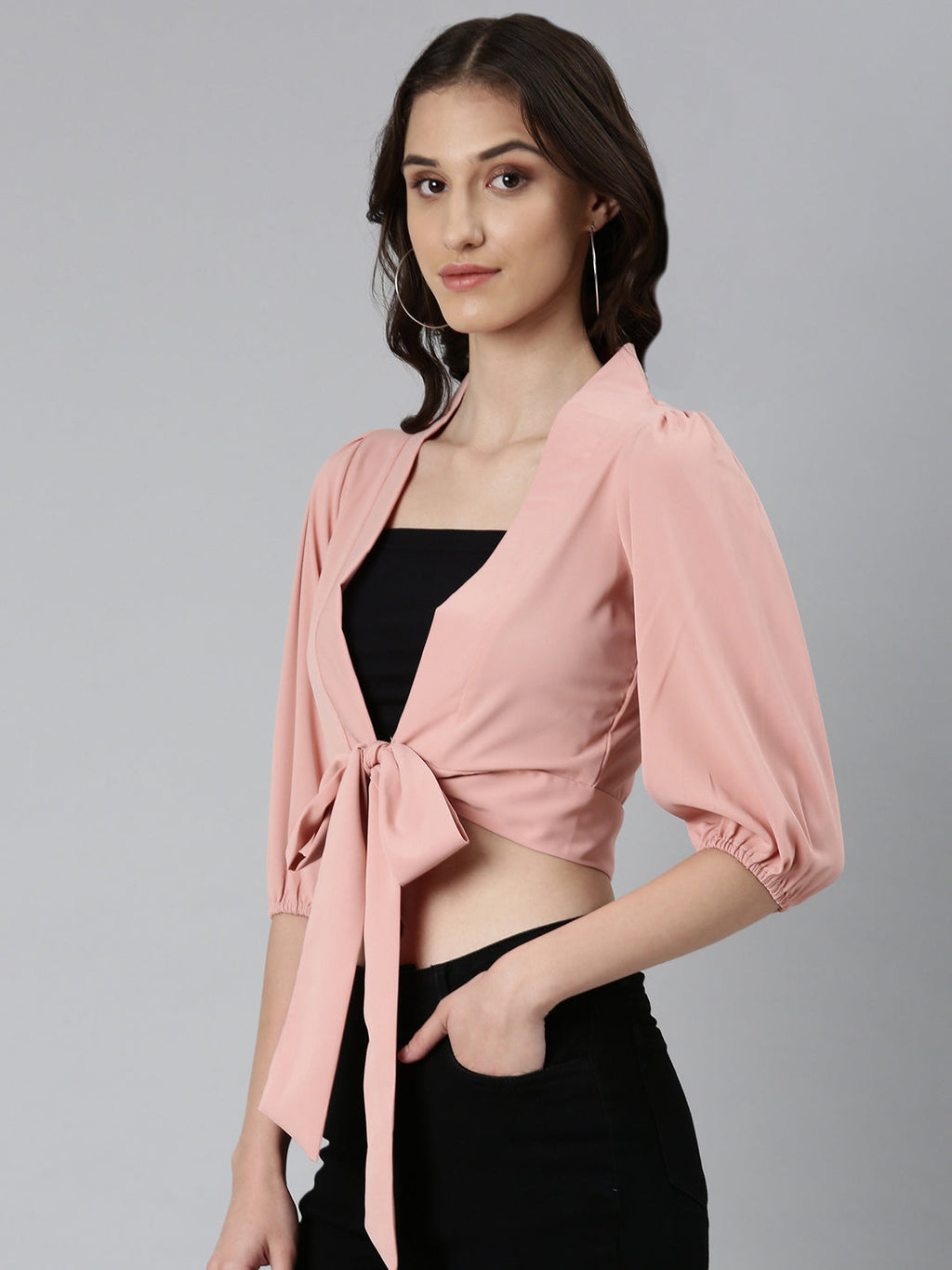 Women's Peach Puffed Sleeves Tie-Ups Crepe Wrap Crop Top