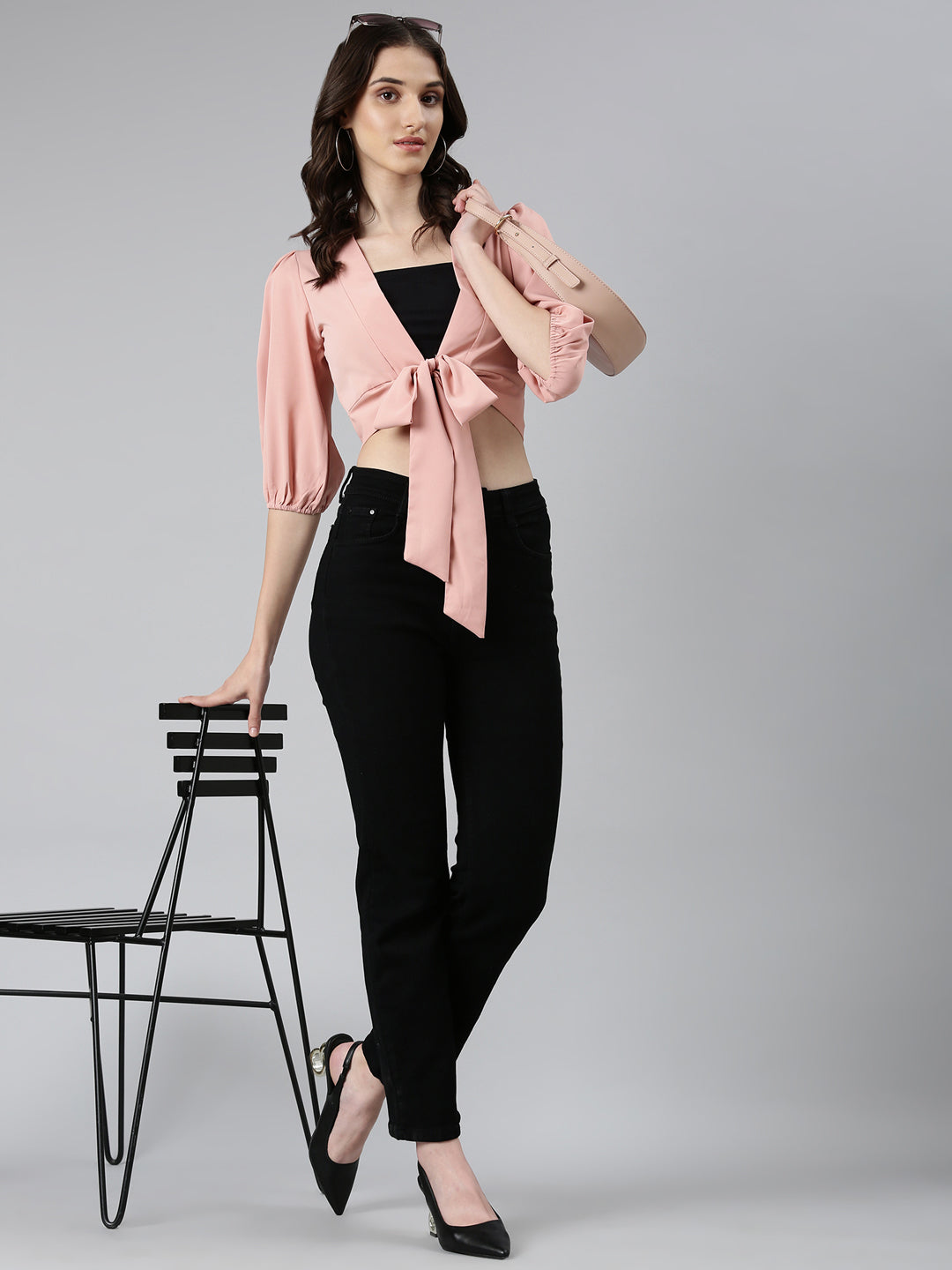 Women's Peach Puffed Sleeves Tie-Ups Crepe Wrap Crop Top