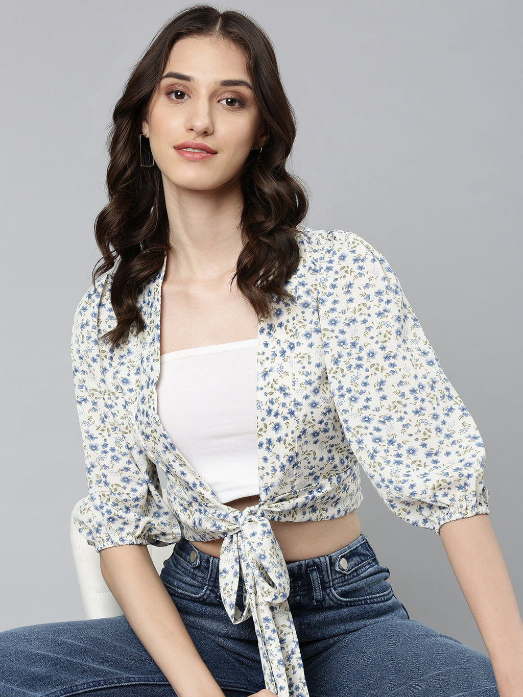 Women's Cream Floral Printed Puffed Sleeves Tie-Ups Crepe Wrap Crop Top