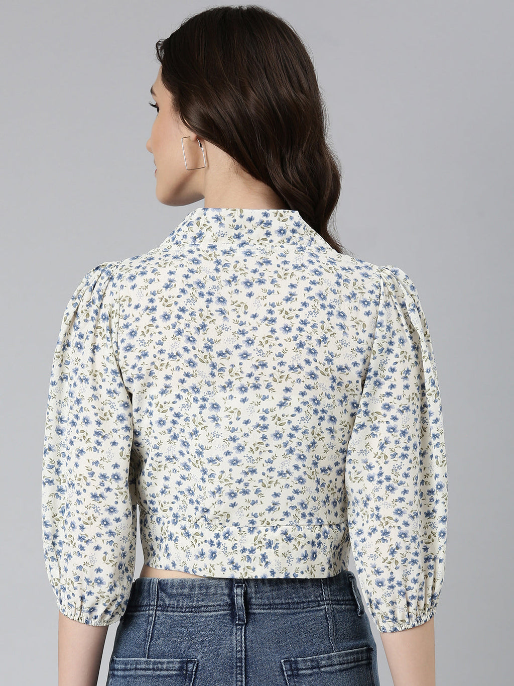 Women's Cream Floral Printed Puffed Sleeves Tie-Ups Crepe Wrap Crop Top