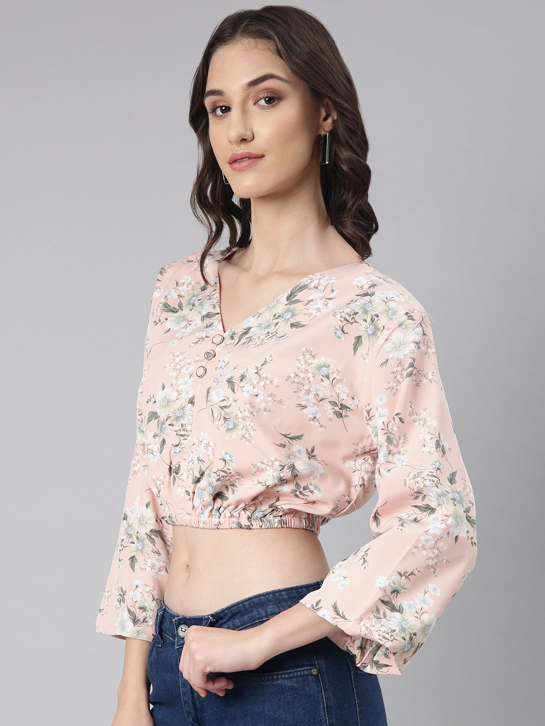 Women's Peach Floral Printed Blouson Crop Top