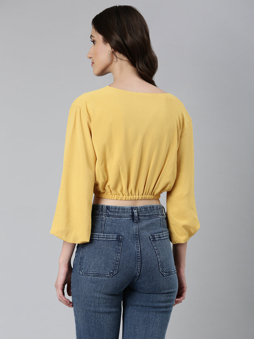 Women's Mustard V-Neck Puff Sleeves Blouson Crop Top