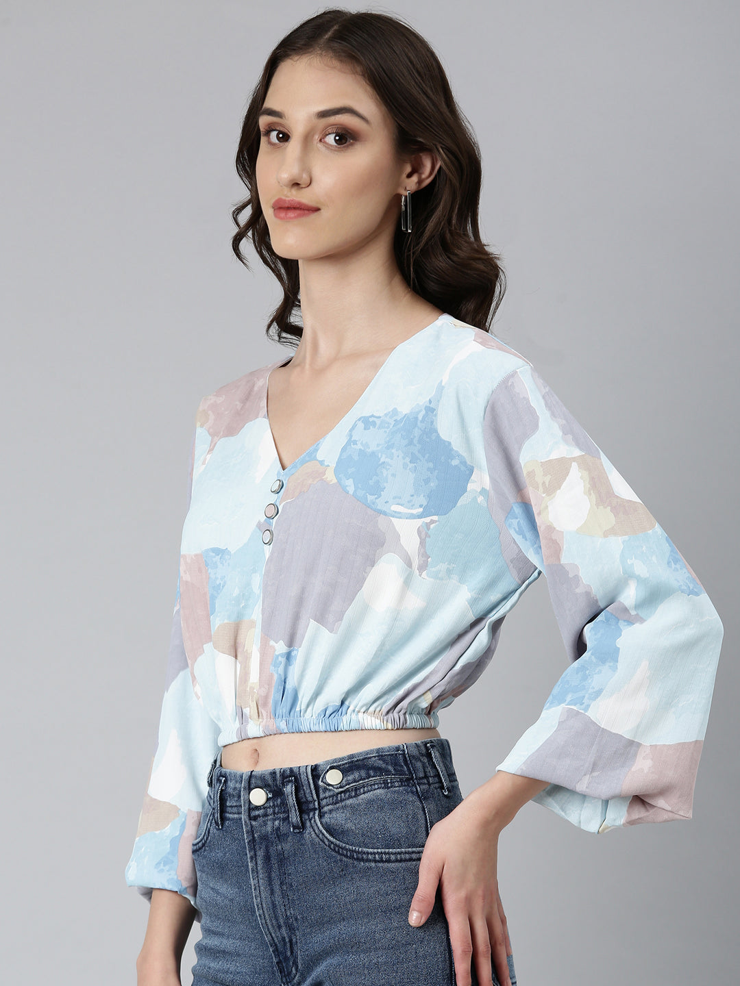Women's Blue Abstract Printed Flared Sleeves Crepe Blouson Crop Top