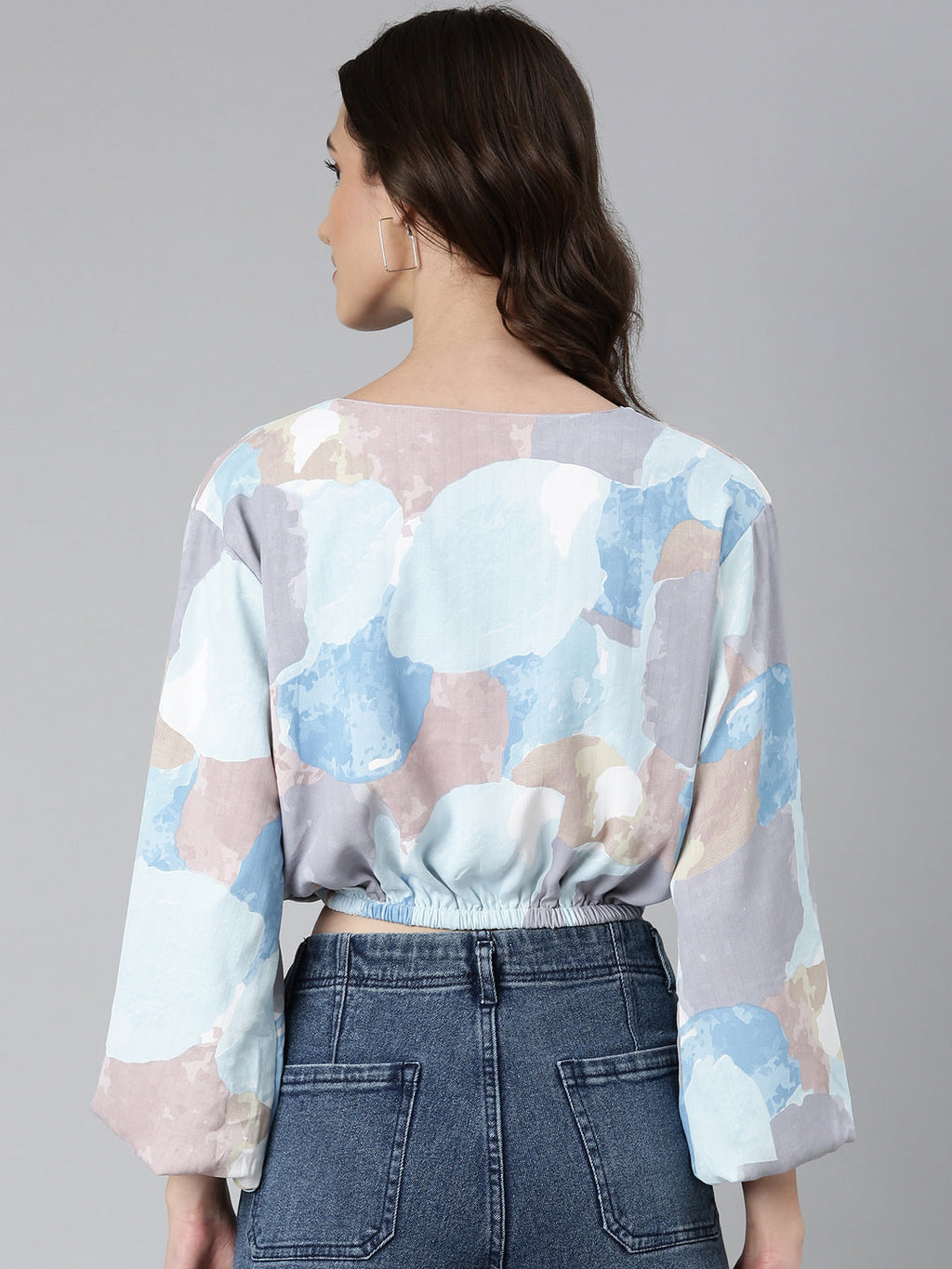 Women's Blue Abstract Printed Flared Sleeves Crepe Blouson Crop Top