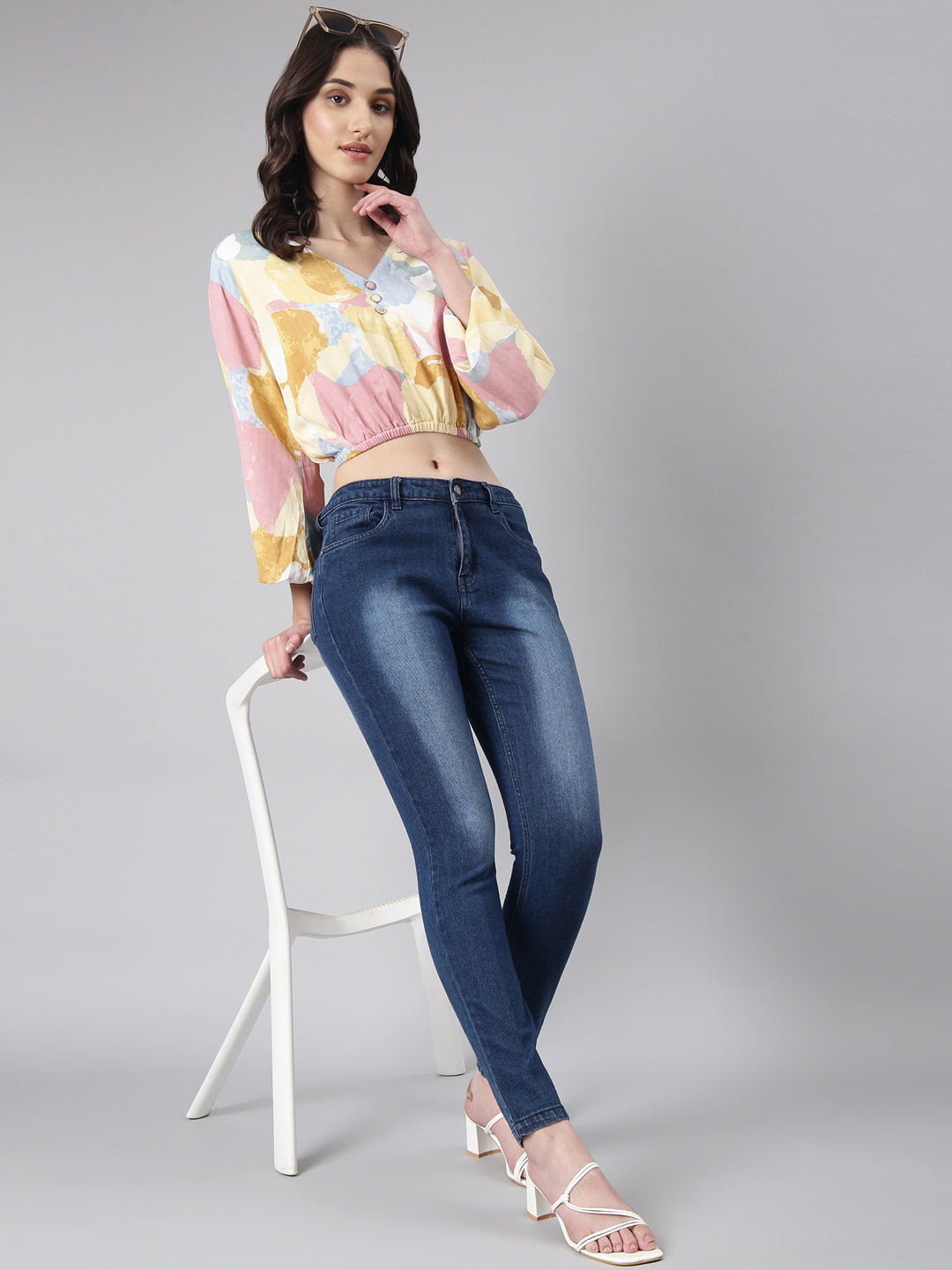 Women's Yellow Abstract Printed Blouson Crop Top