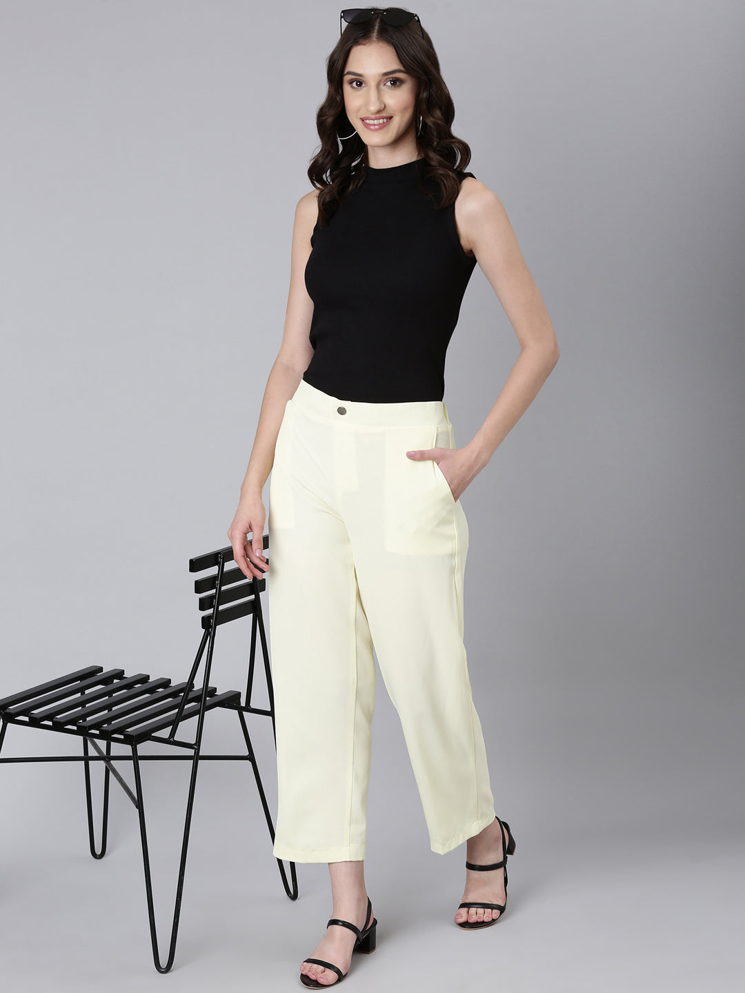 Women's Yellow Straight Fit Cotton Trousers