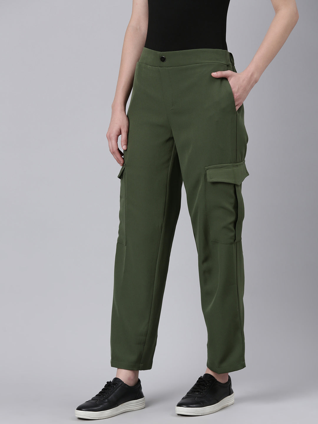 Women's Olive Straight Fit Cotton Cargos Trousers