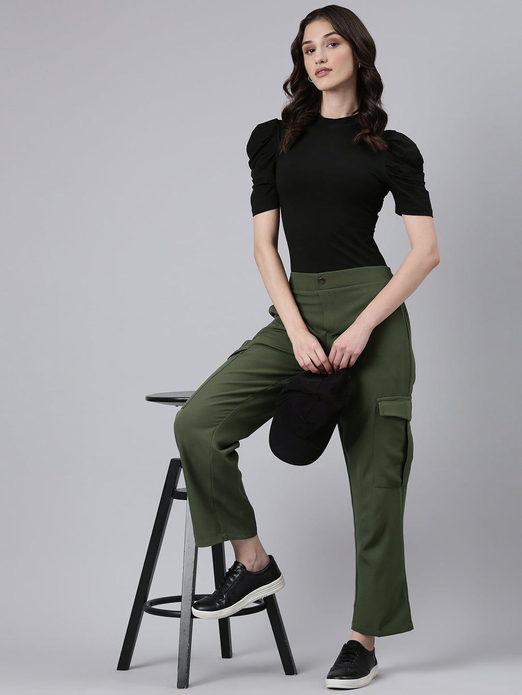 Women's Olive Straight Fit Cotton Cargos Trousers