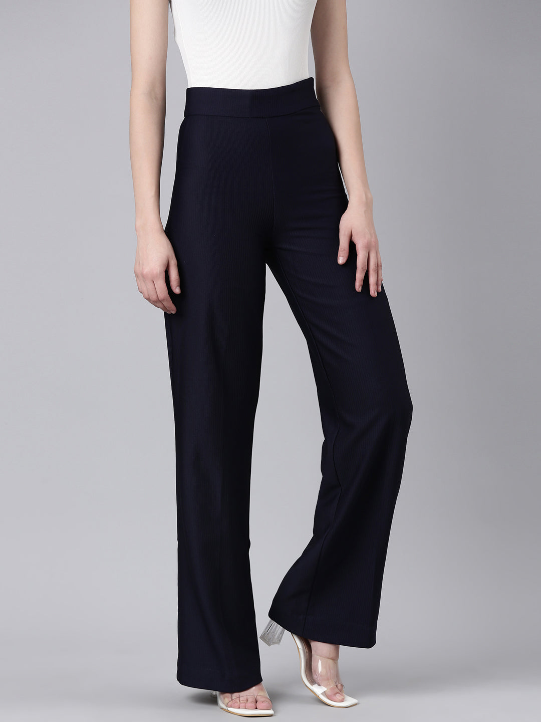 Women's Navy Blue Straight Fit Striped Cotton Parallel Trousers