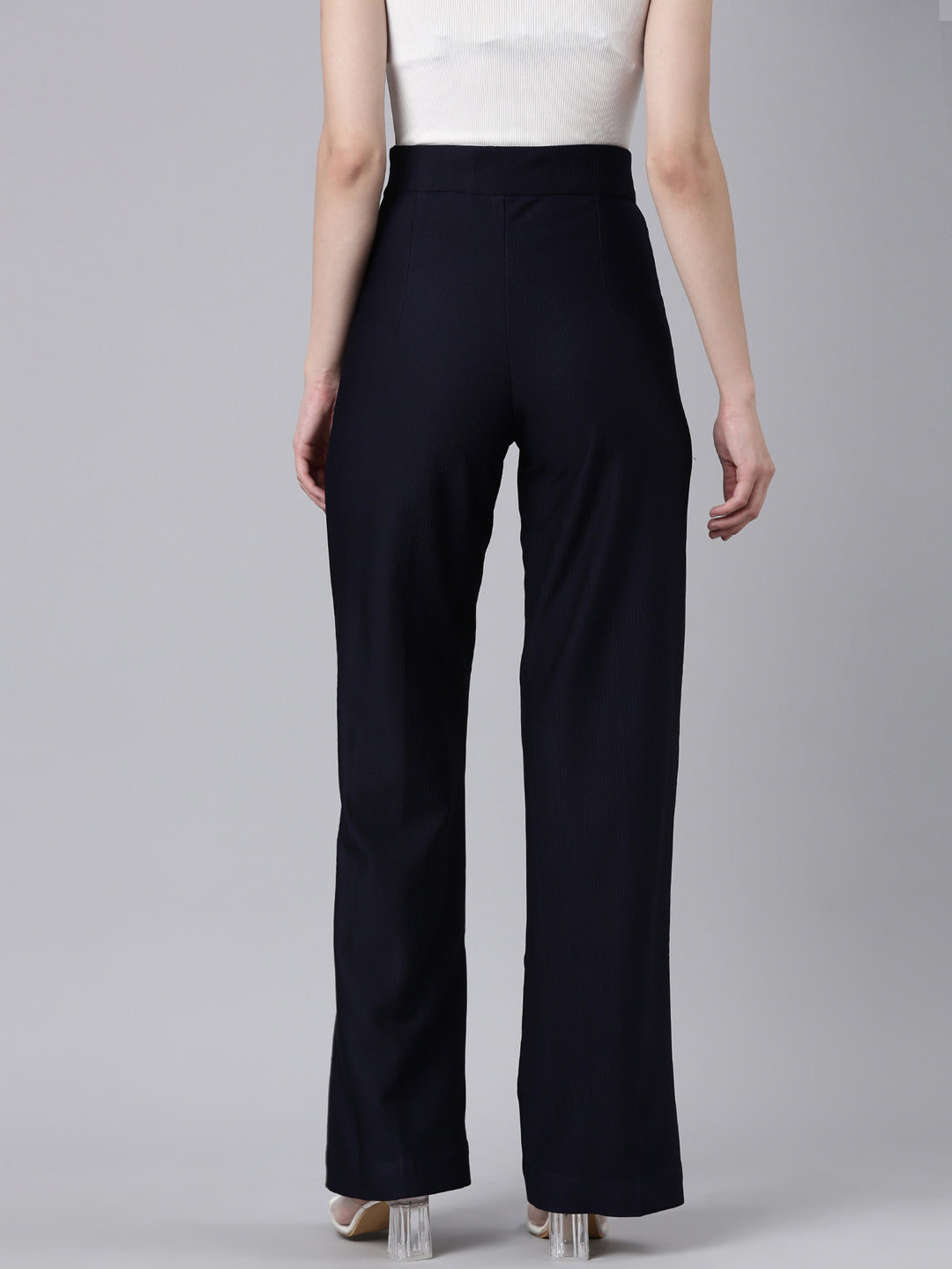 Women's Navy Blue Straight Fit Striped Cotton Parallel Trousers
