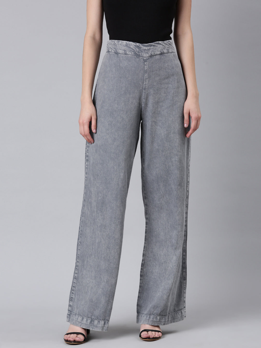 Women's Grey Mid Rise Wide Leg Denim Jeans