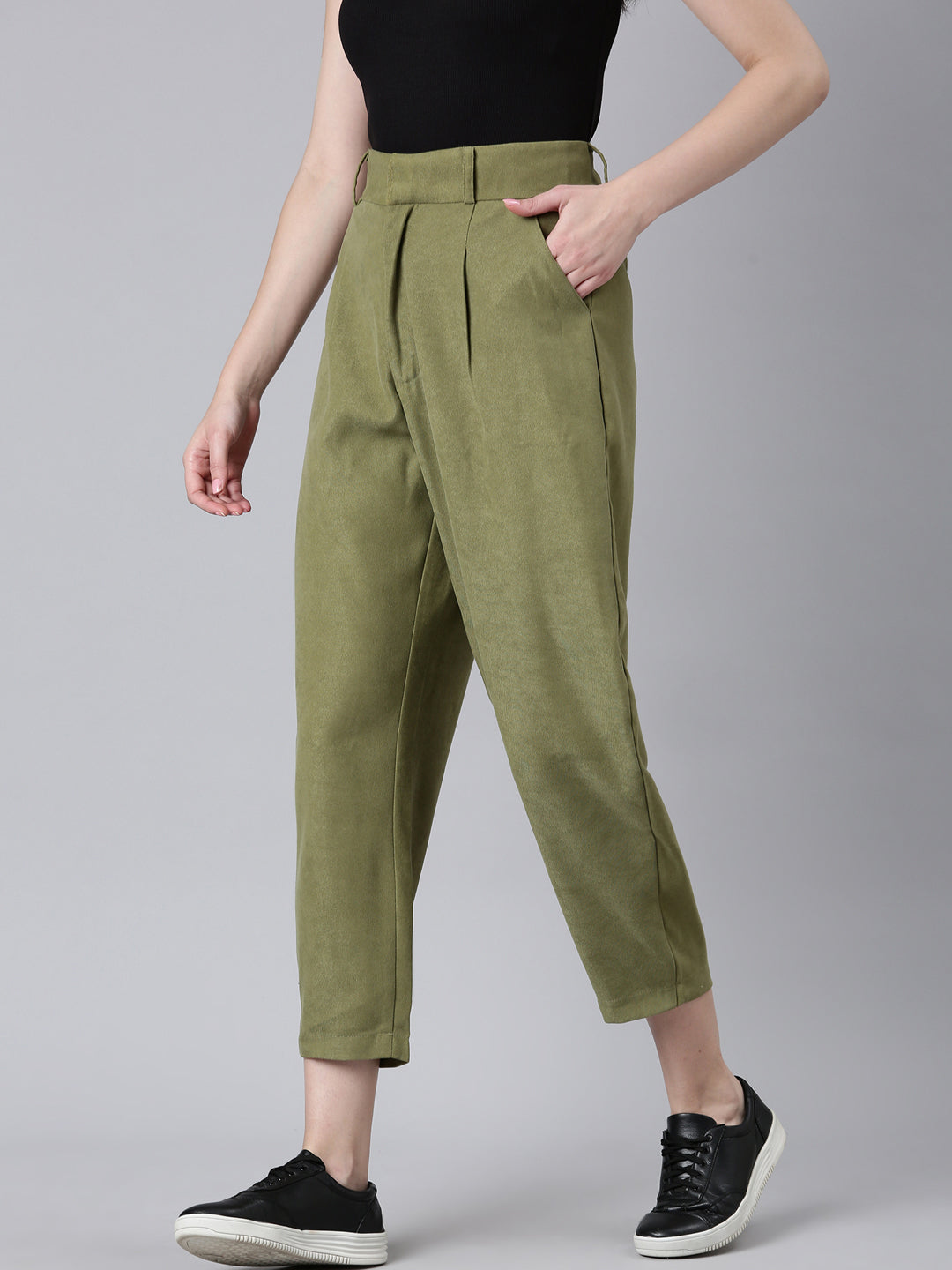 Women's Olive Straight Fit Pleated Cotton Cropped Peg Trousers