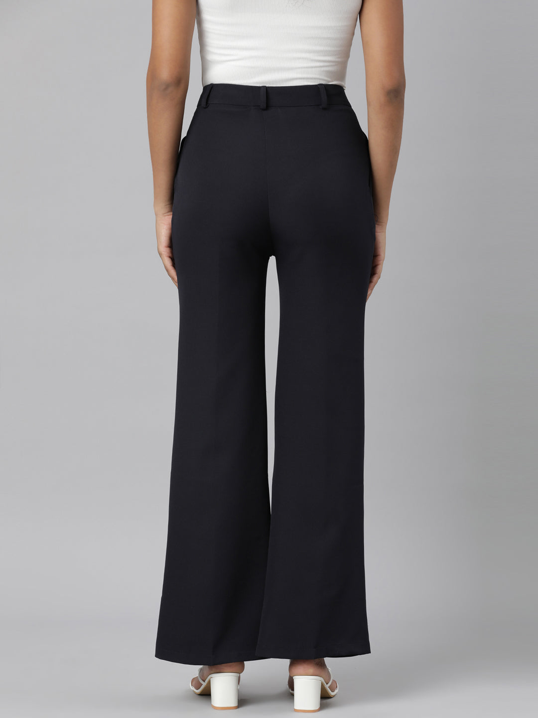 Women's Navy Blue Relaxed Straight Leg Flared Cotton Bootcut Trousers