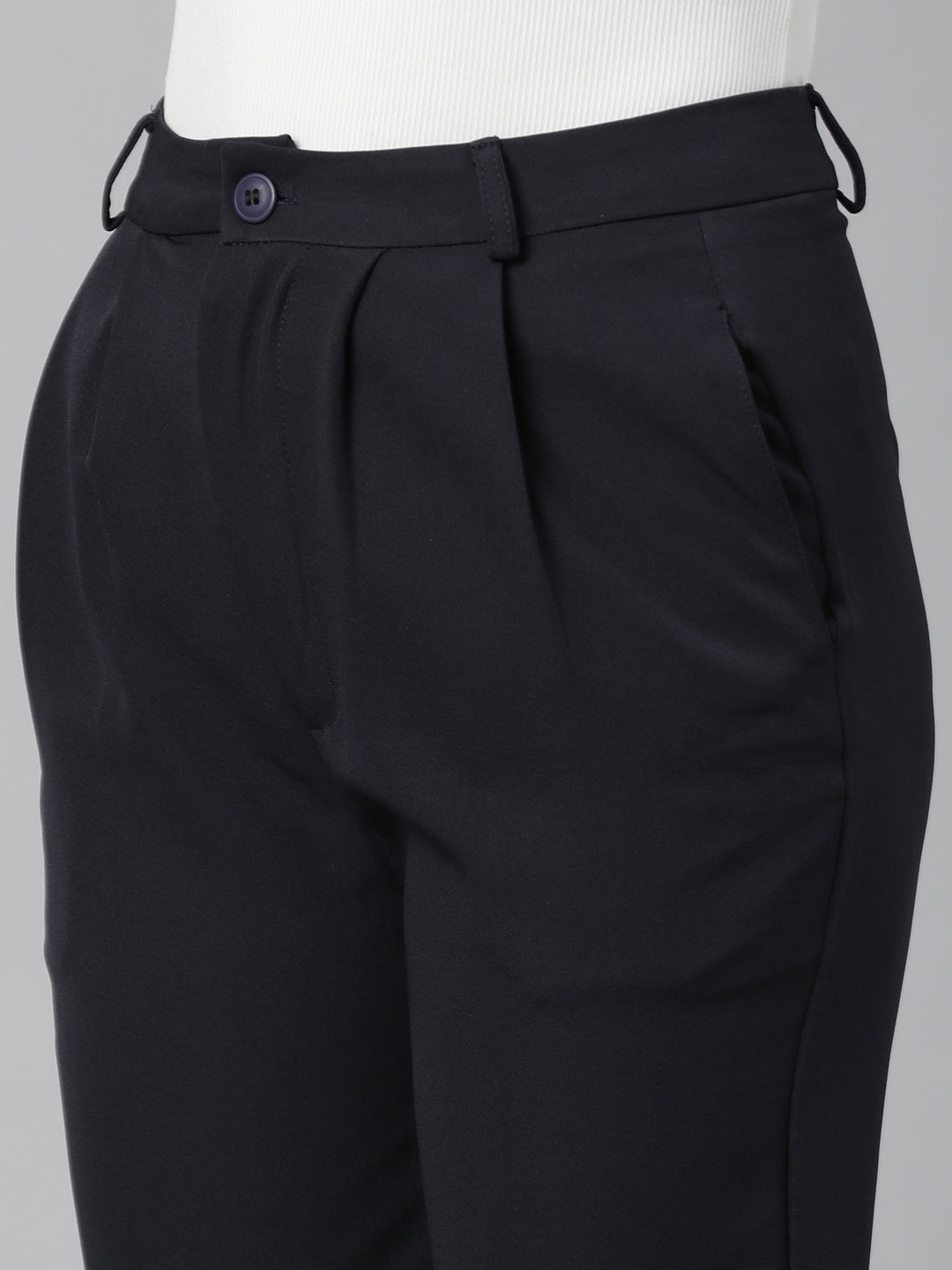 Women's Navy Blue Relaxed Straight Leg Flared Cotton Bootcut Trousers