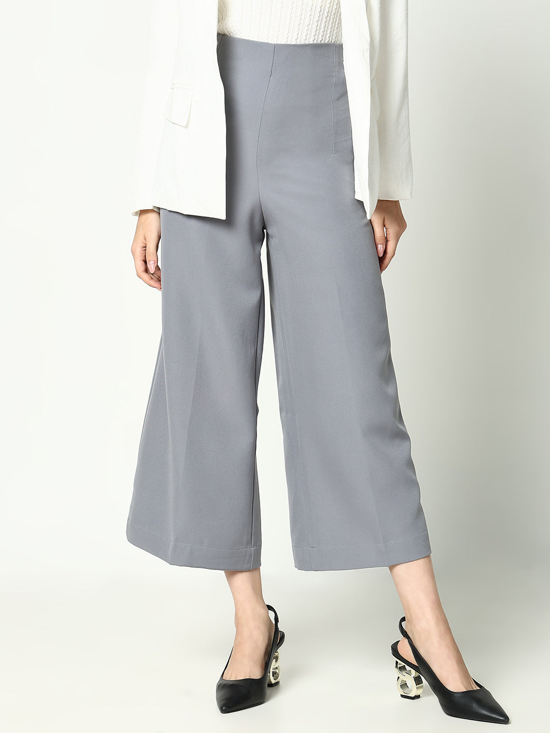 Women's Grey Cotton Regular Fit Comfort Pleated Trousers